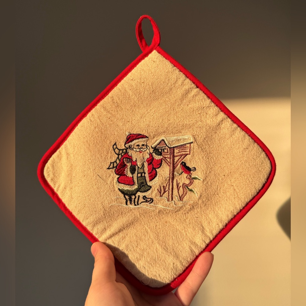 Christmas Vintage 50s Finnish Santa Bird Embroidered Pot Holder 7.5x7.5IN